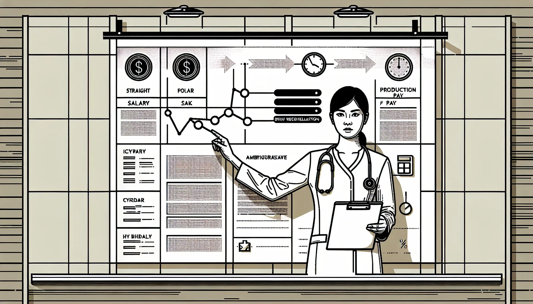 Veterinarian pointing to a board of pay-model icons with a magnifying glass of Veterinary Compensation Mistakes to Avoid.