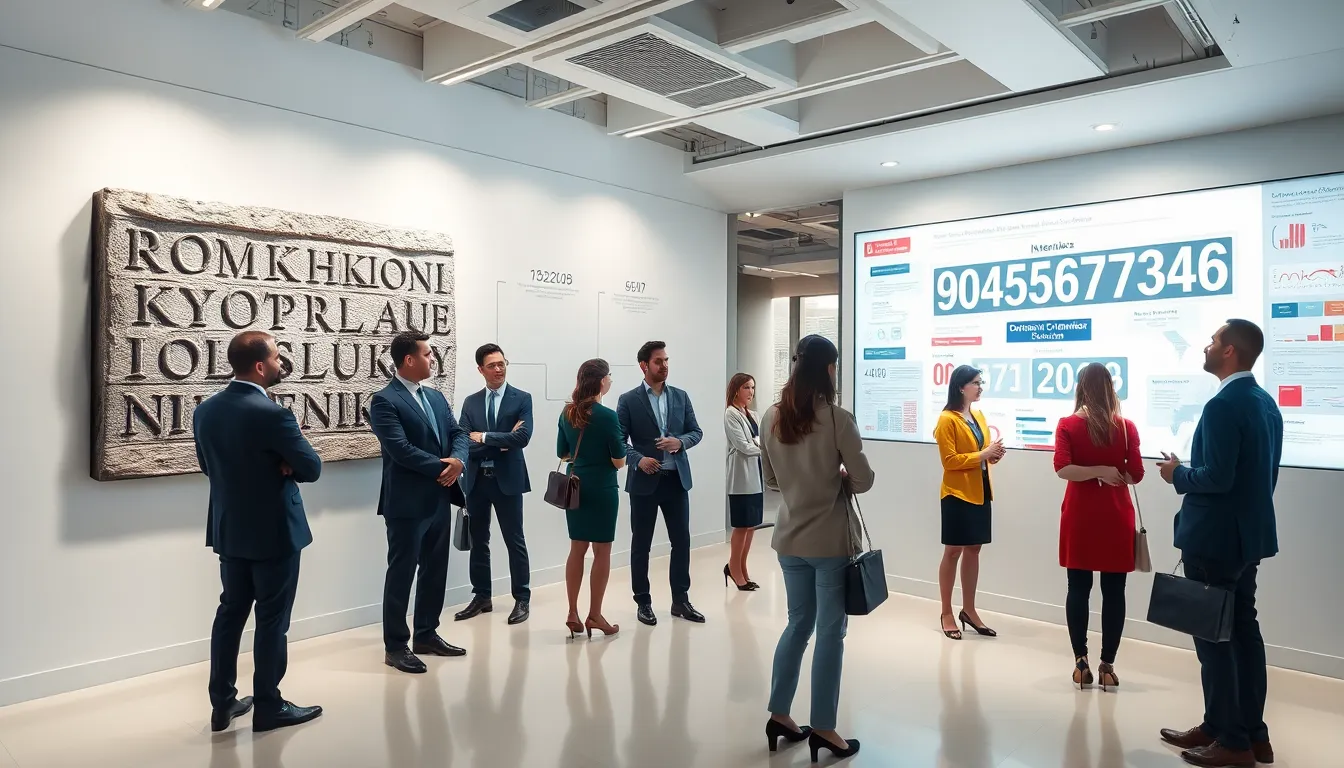 illustration of historical and modern significance of numbers with professionals discussing