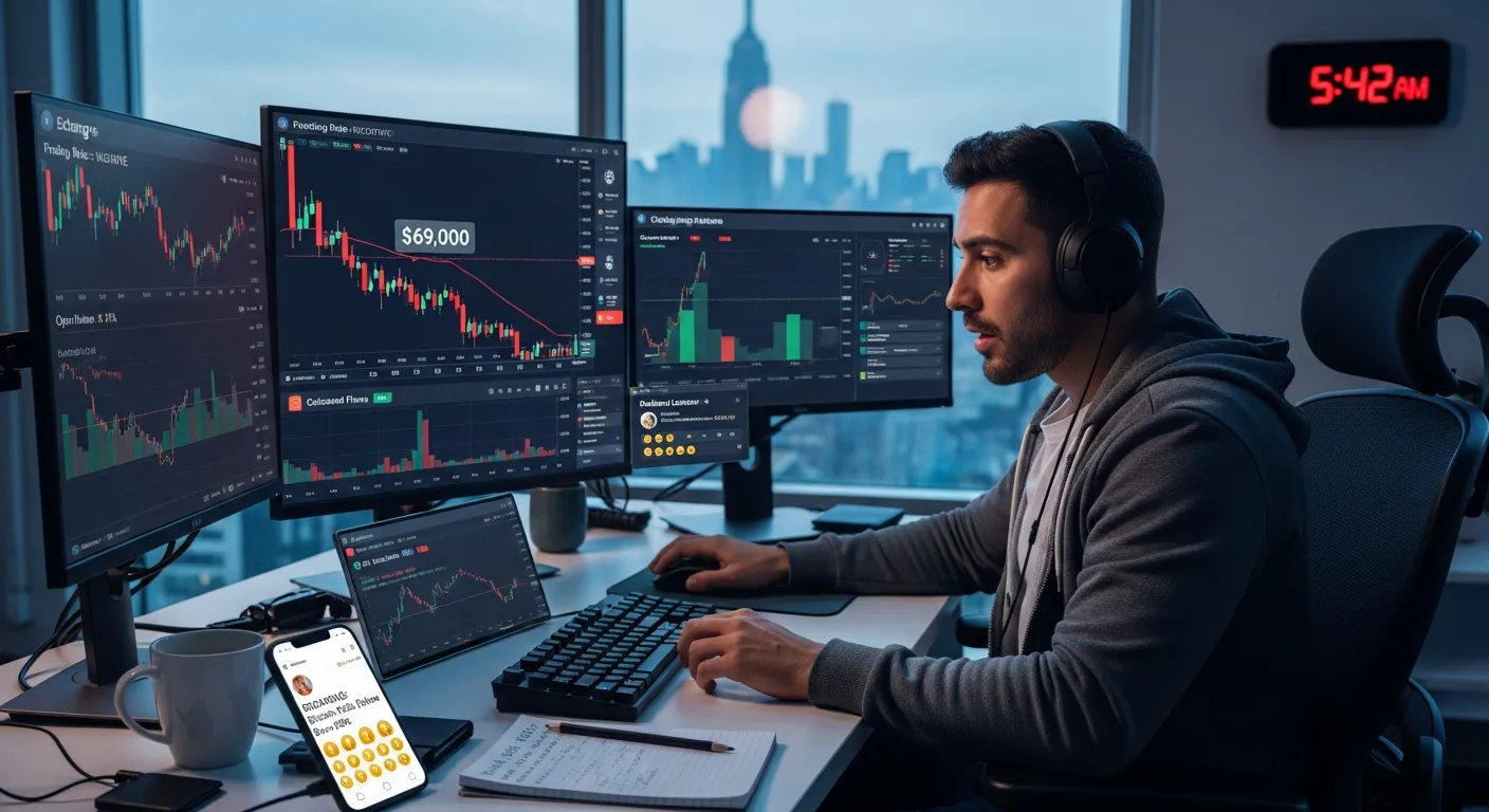 Trader watching Bitcoin price chart plunge below $69,000 on multiple monitors.