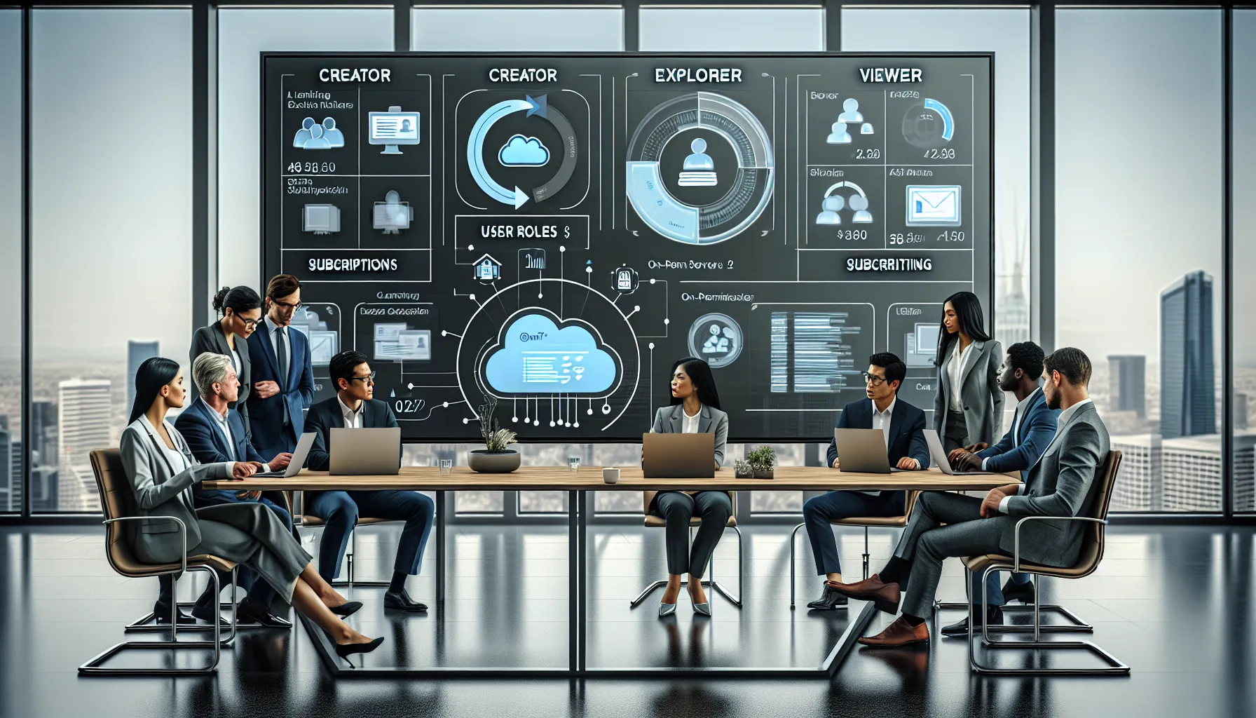 Professionals review role-based Tableau subscription and licensing options in a modern office.