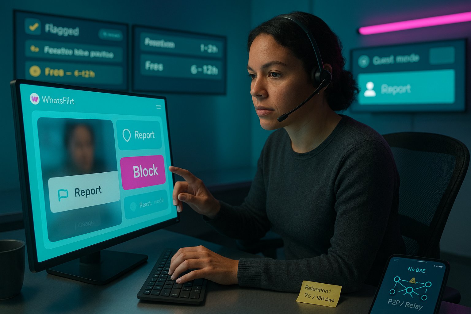 Moderator at desk reviewing flagged WhatsFlirt video with block and report UI.