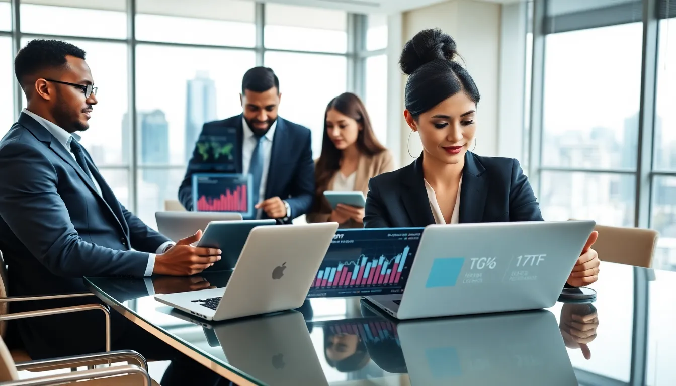 diverse professionals collaborating on tech ETF analysis in a modern office.