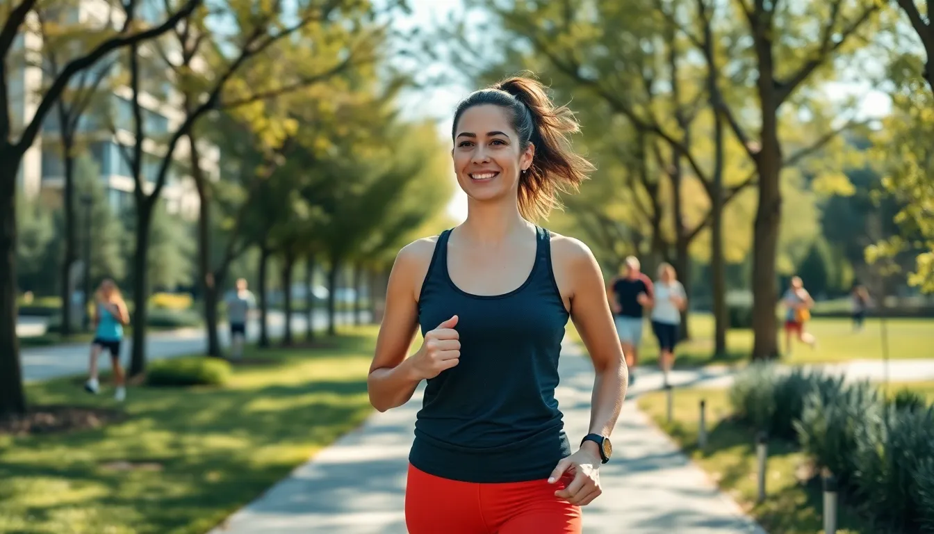 woman jogging in a park, promoting exercise during preconception.