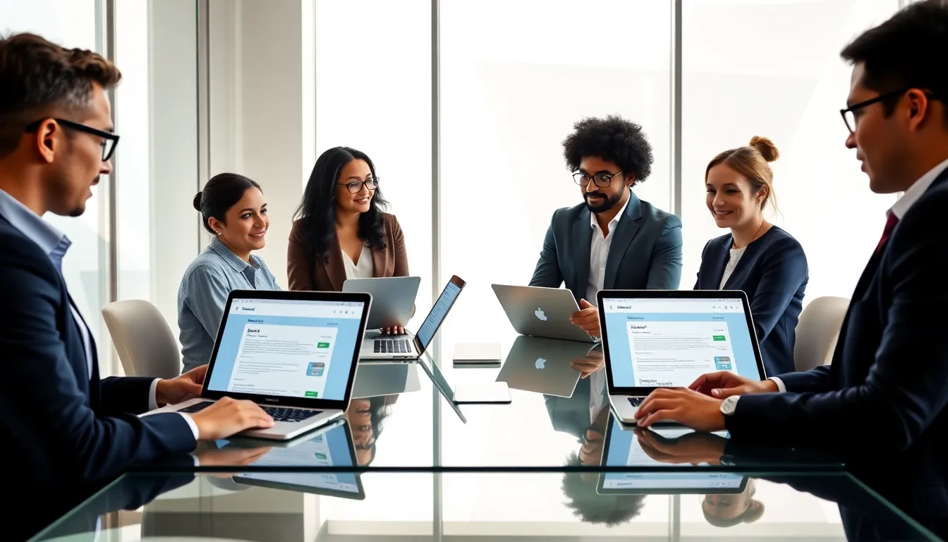 diverse team collaborating with Apple devices in a modern office.