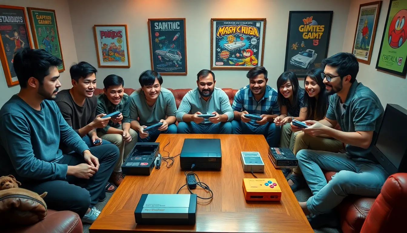 diverse group of people enjoying old school gaming in a cozy setting.