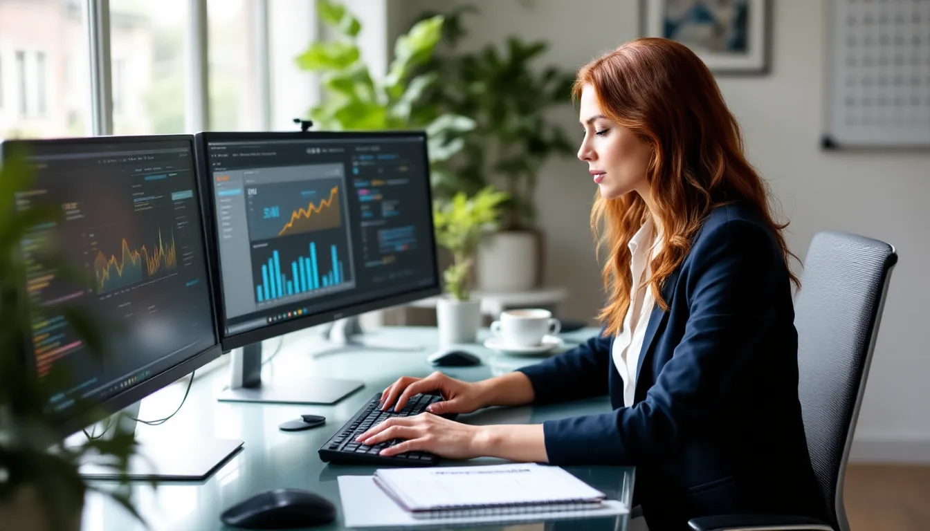 Digital marketer analyzing SEO metrics on WordPress dashboard in modern office