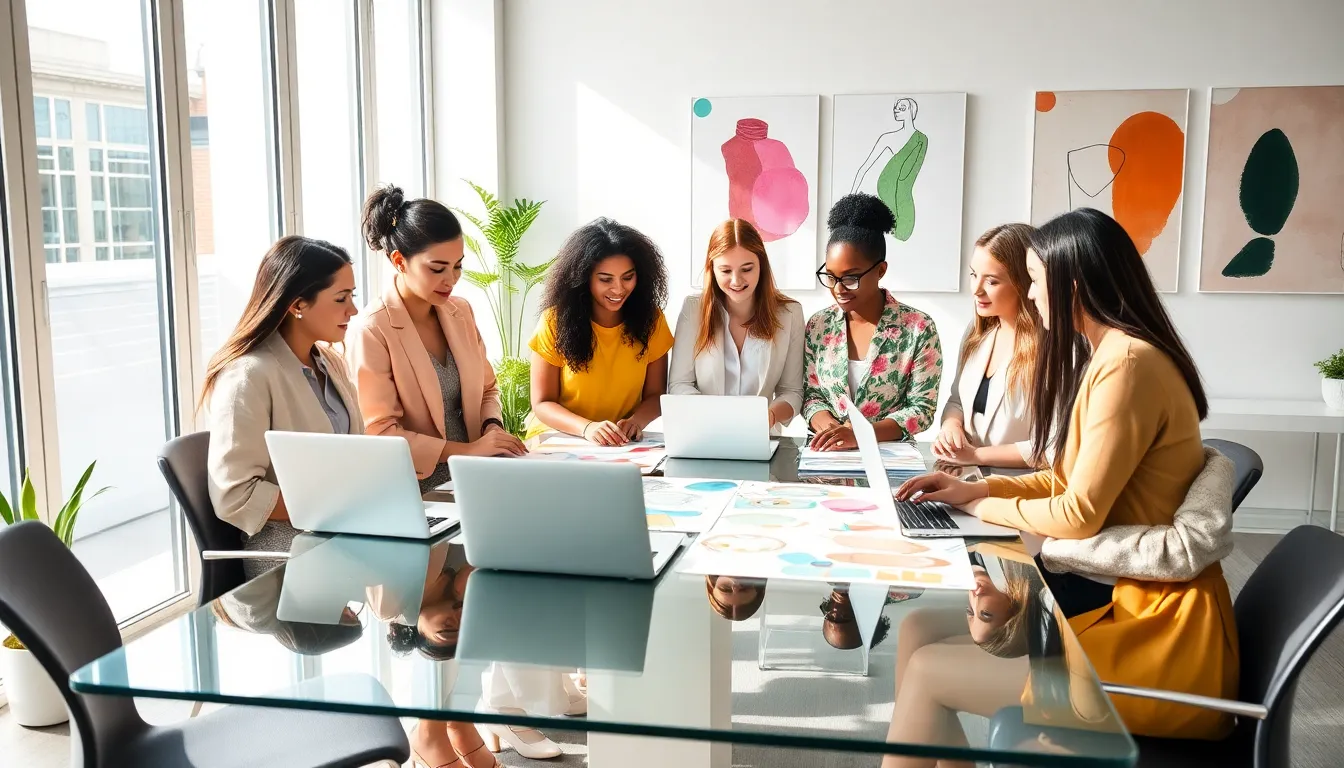 diverse team of fashion professionals in a modern office brainstorming session.