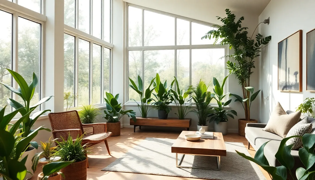 modern living room with biophilic design and upcycled furniture.
