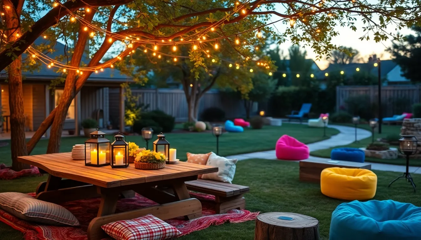 welcoming backyard with string lights and cozy seating arrangements.