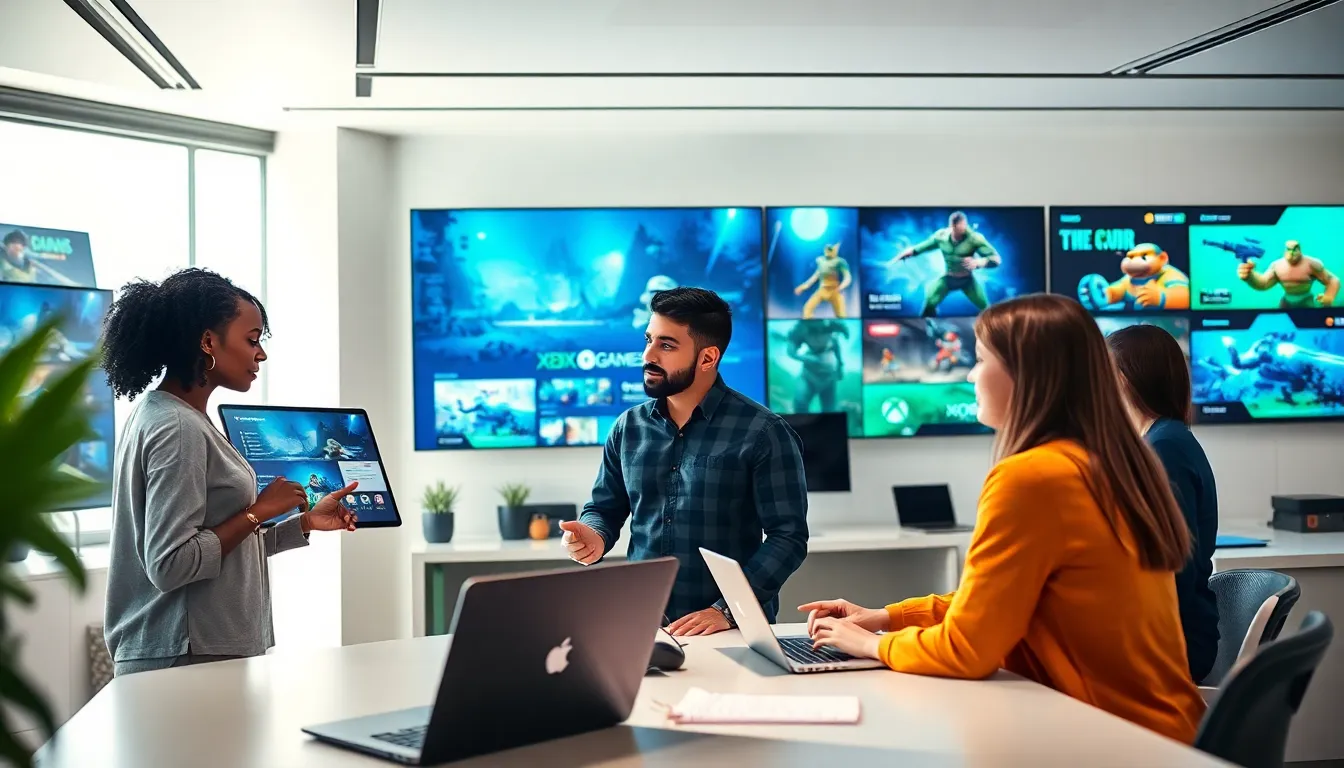 diverse team brainstorming in a modern game development studio.