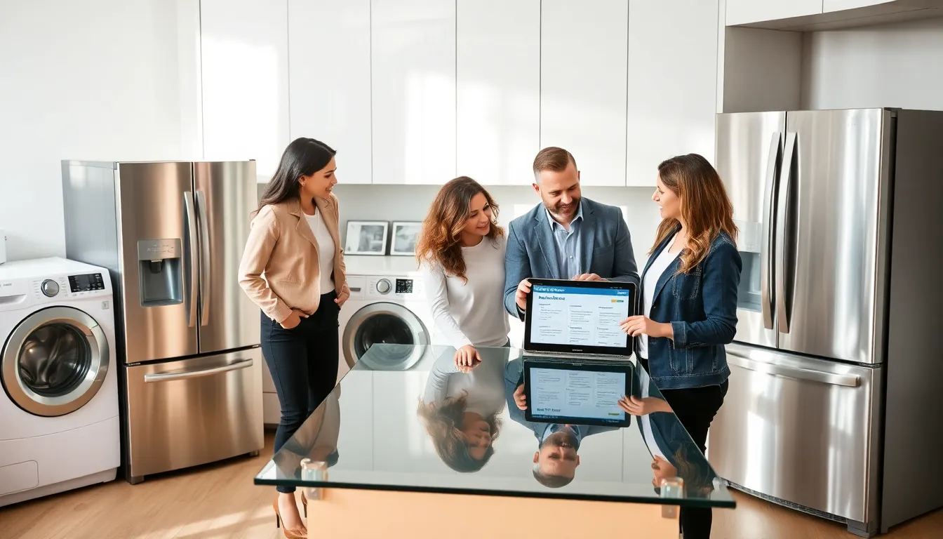 professionals discussing appliance insurance in a modern kitchen.