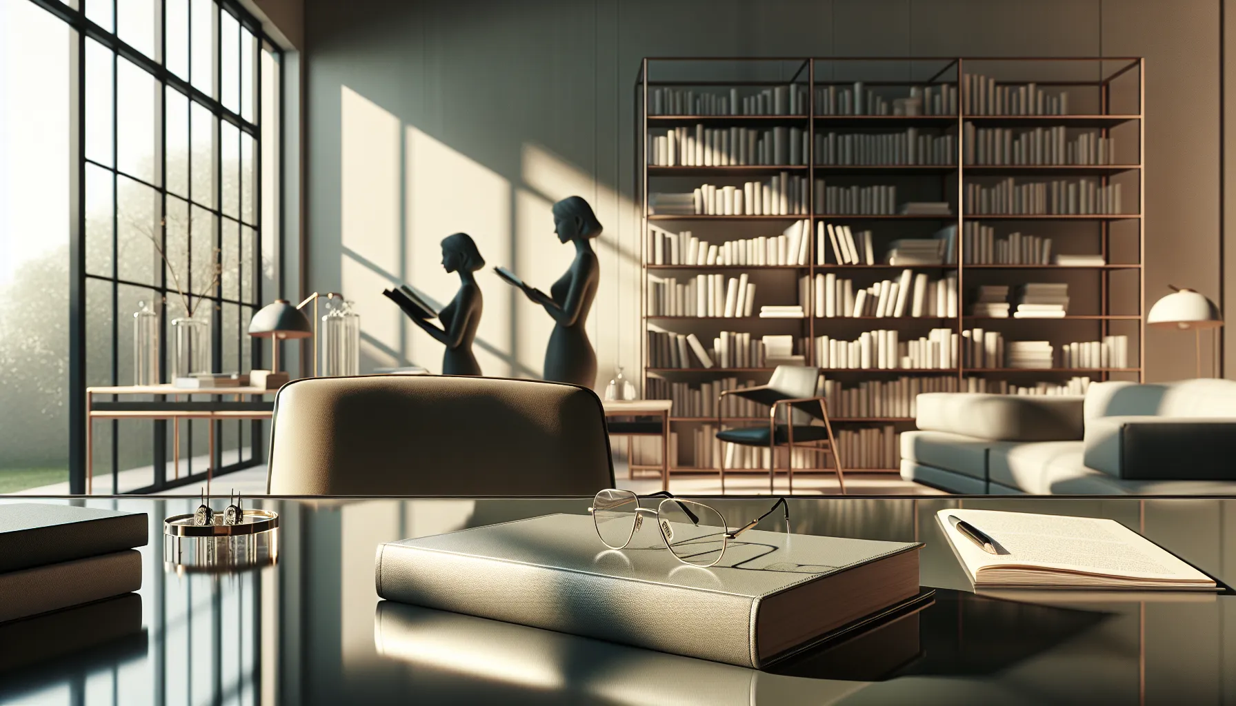 modern workspace with an open book and reading glasses.