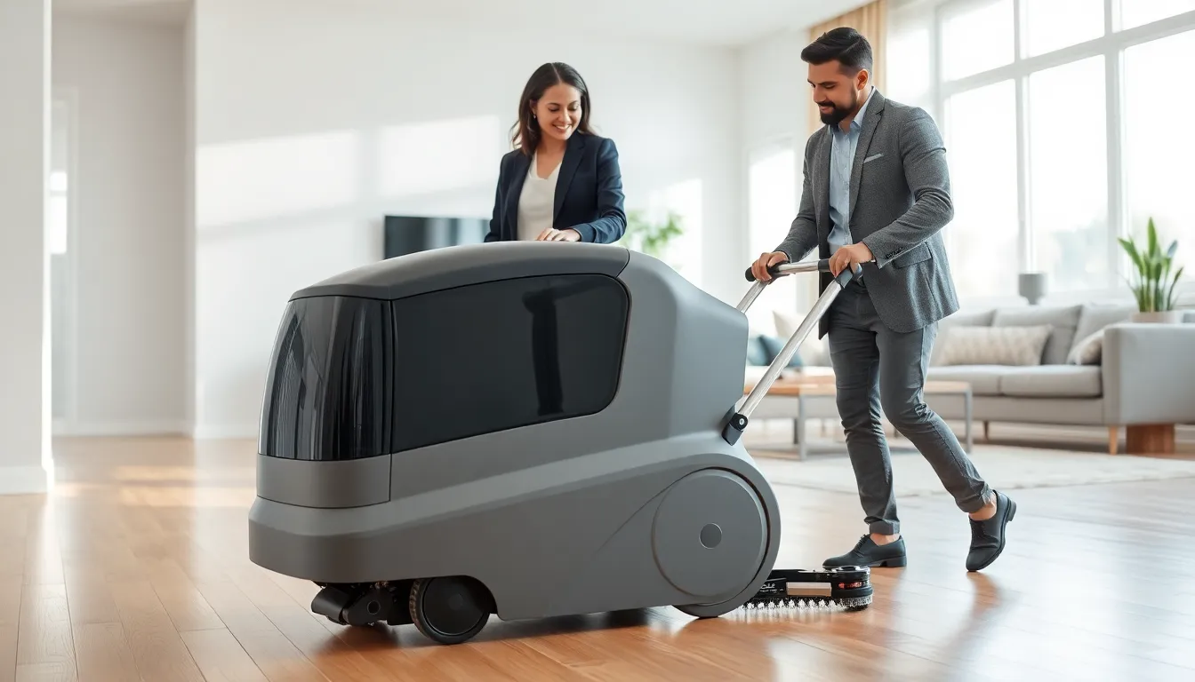 diverse team demonstrating a modern floor cleaning machine in a bright living room.