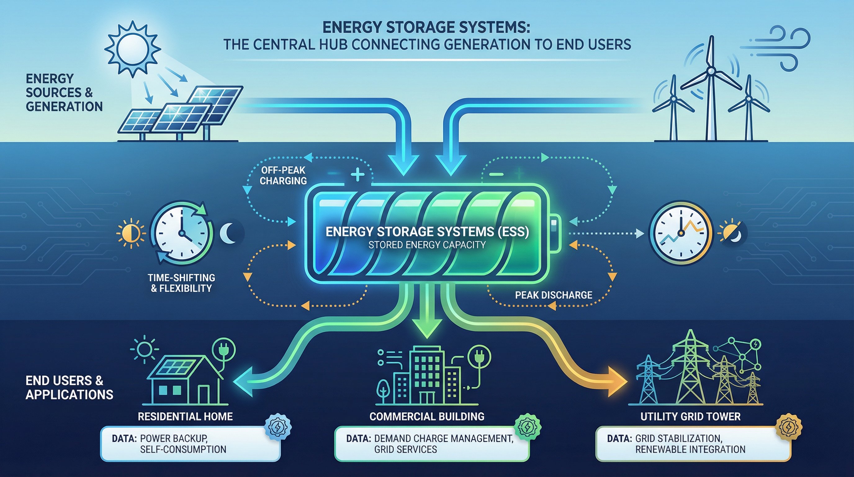 Energy storage system connecting renewable sources to homes, businesses, and grid infrastructure.