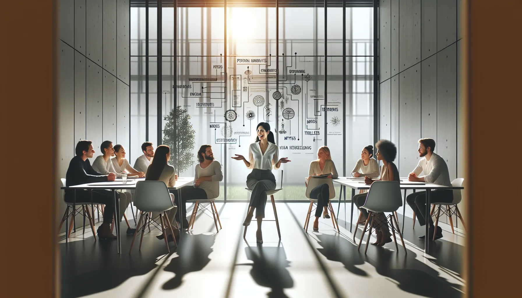 diverse professionals discussing various types of stories in a modern office.