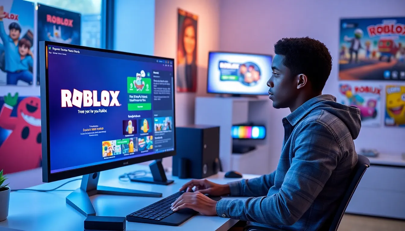 Professional updating Roblox application on a modern PC in an office.
