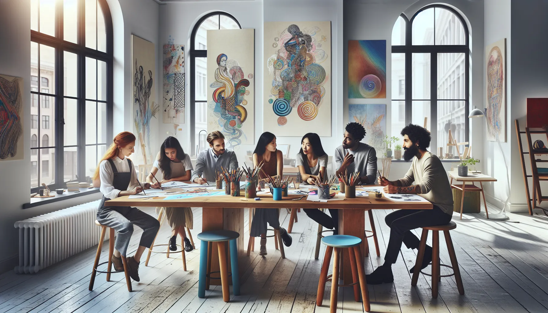 diverse creatives collaborating in a vibrant, artistic workspace.