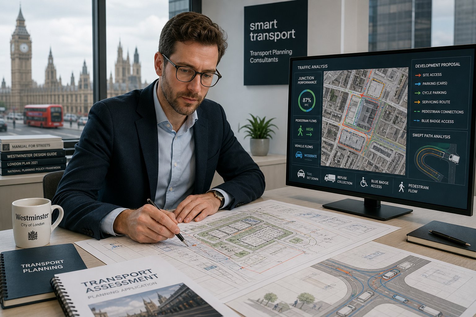 Traffic engineer reviewing Westminster planning and transport plans in a modern office.