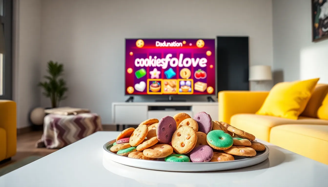 cozy living room with cookies and slot game on TV.