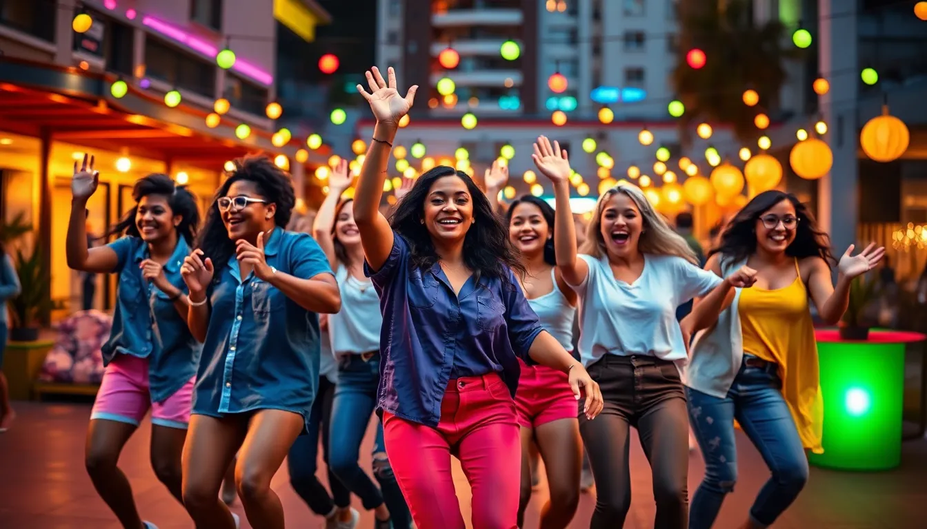 diverse group dancing joyfully in a vibrant urban setting.