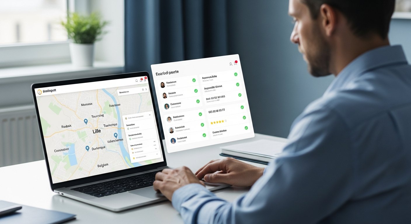 Professional reviewing location-based profiles on a digital map of Northern France.