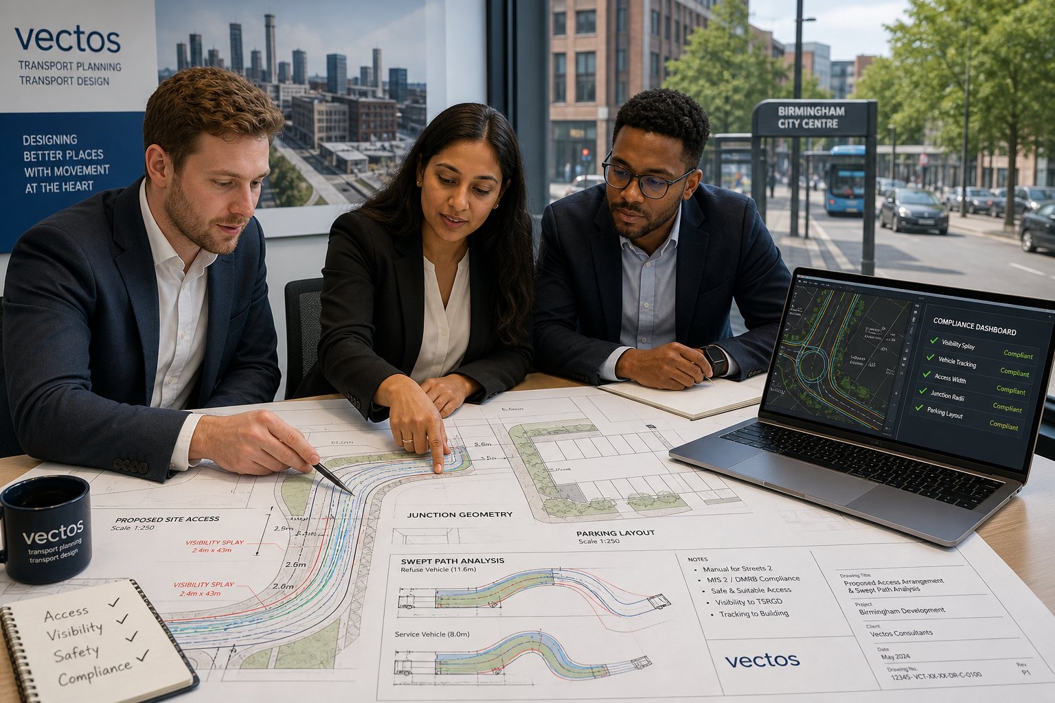 Highway consultants reviewing access and junction plans in a modern office.