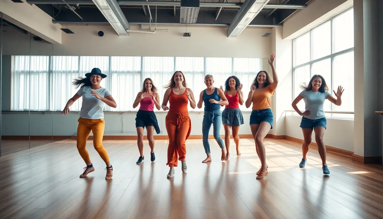 diverse dancers expressing joy and movement in a dance studio.