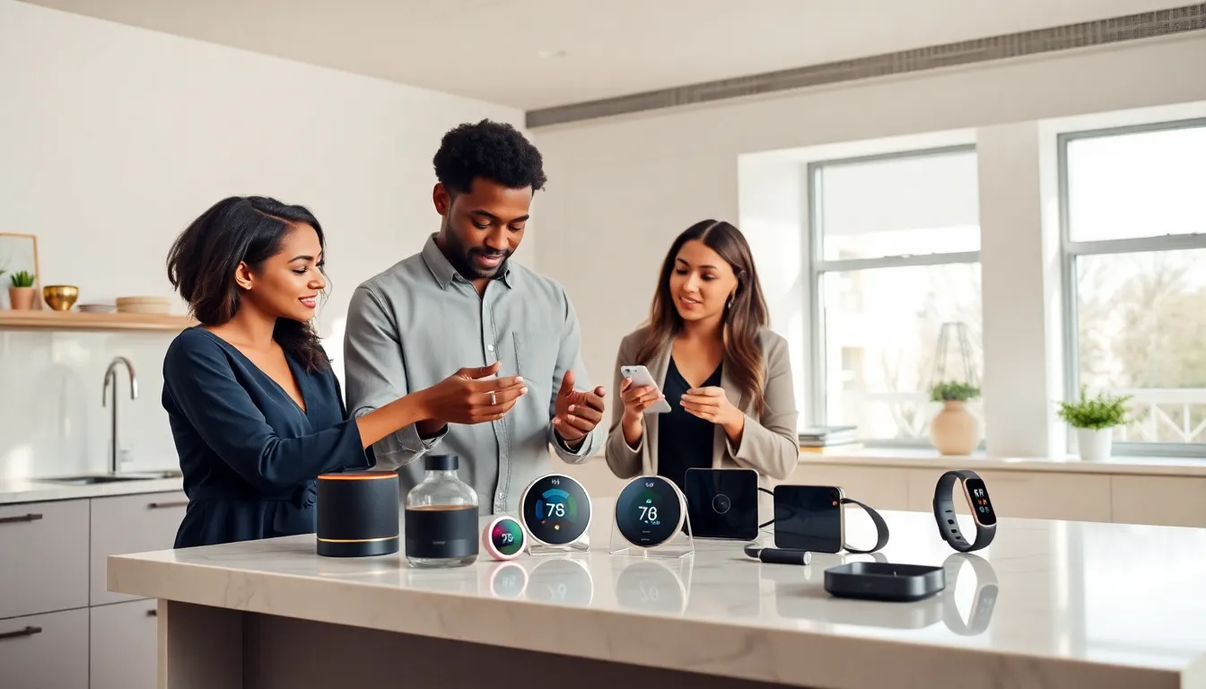 professionals discussing smart gadgets in a modern kitchen.