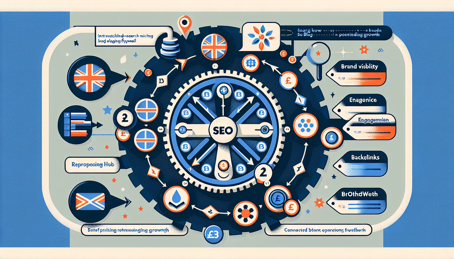UK-themed infographic of SEO blogging flywheel and content workflow.