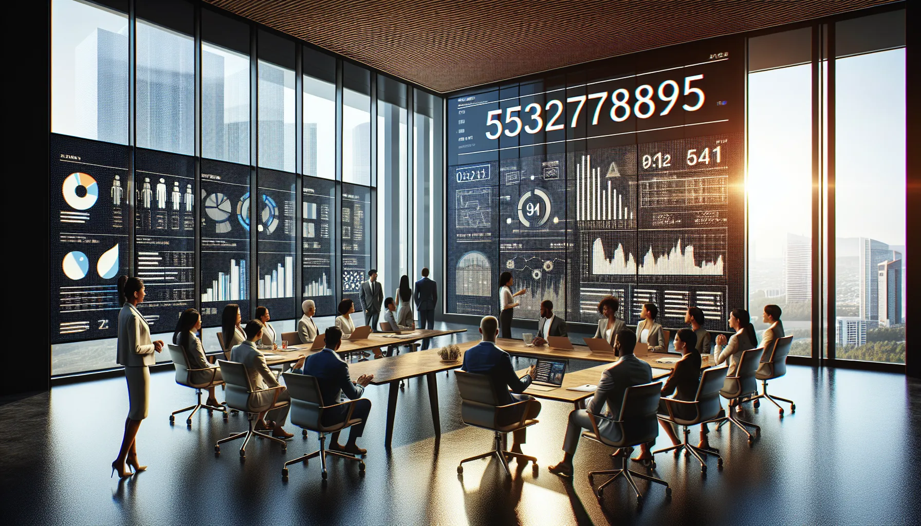 team collaborating on data analytics in a modern conference room.