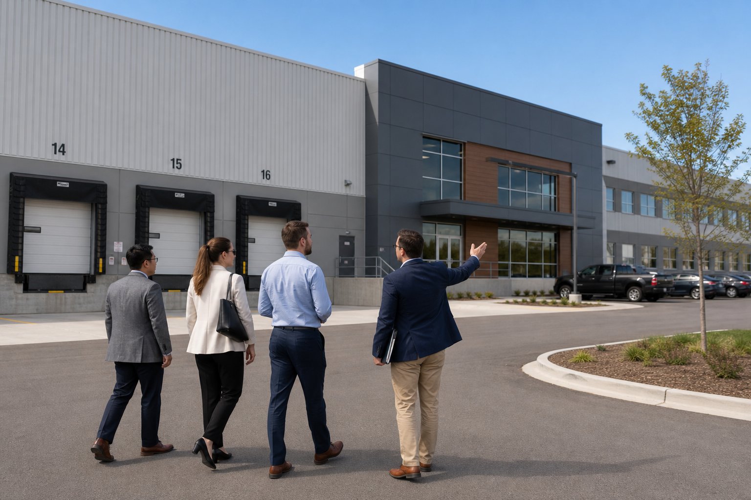 Advisor and clients inspecting an industrial warehouse exterior for commercial mortgage planning.