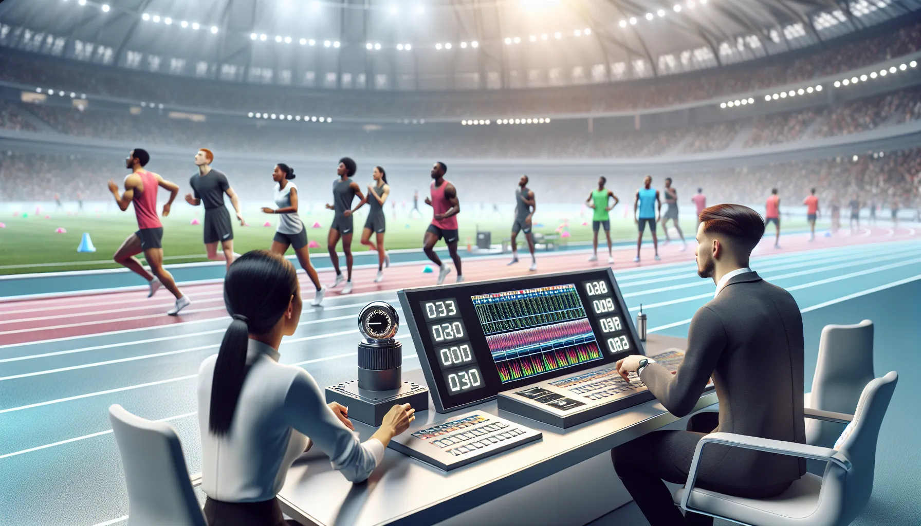 timing professionals at a sports event with digital monitors.