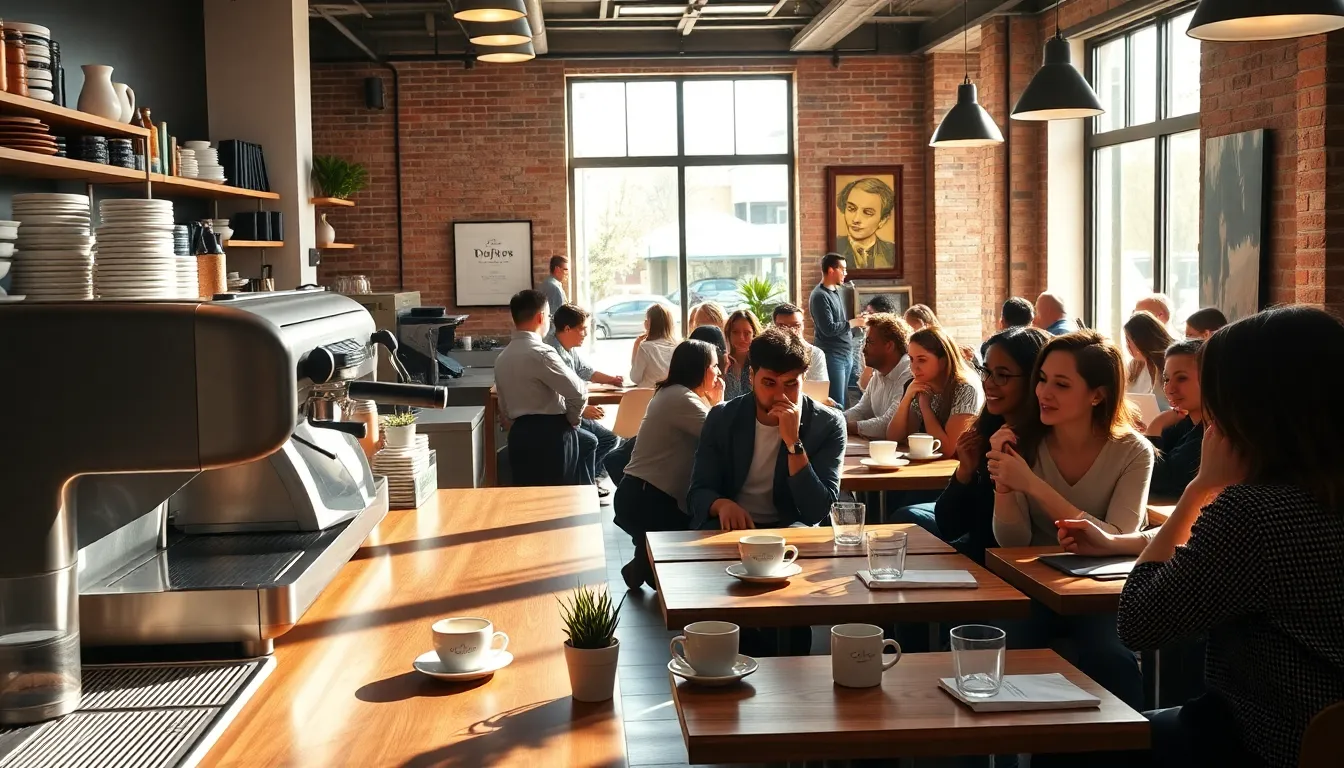 diverse people enjoying coffee in a modern coffeehouse.