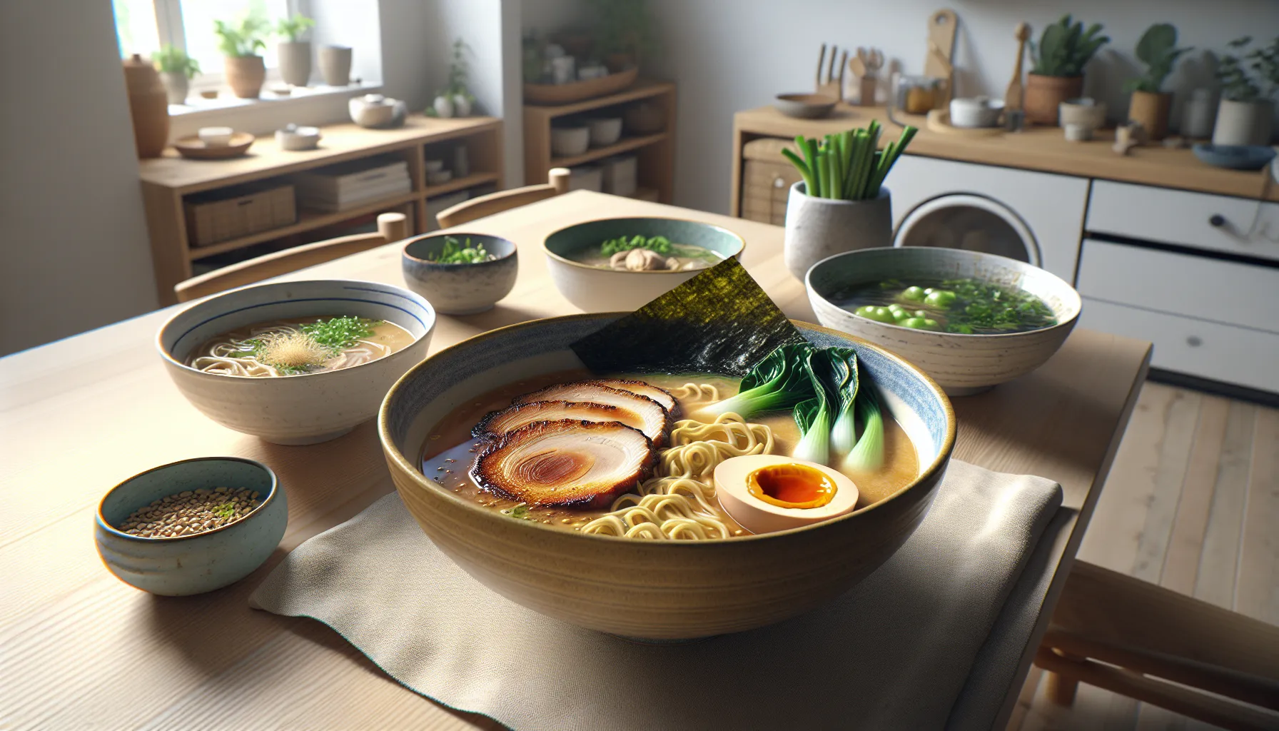 Norsk hjemmekjøkken med kvinne som spiser en nøye laget bolle autentisk ramen.