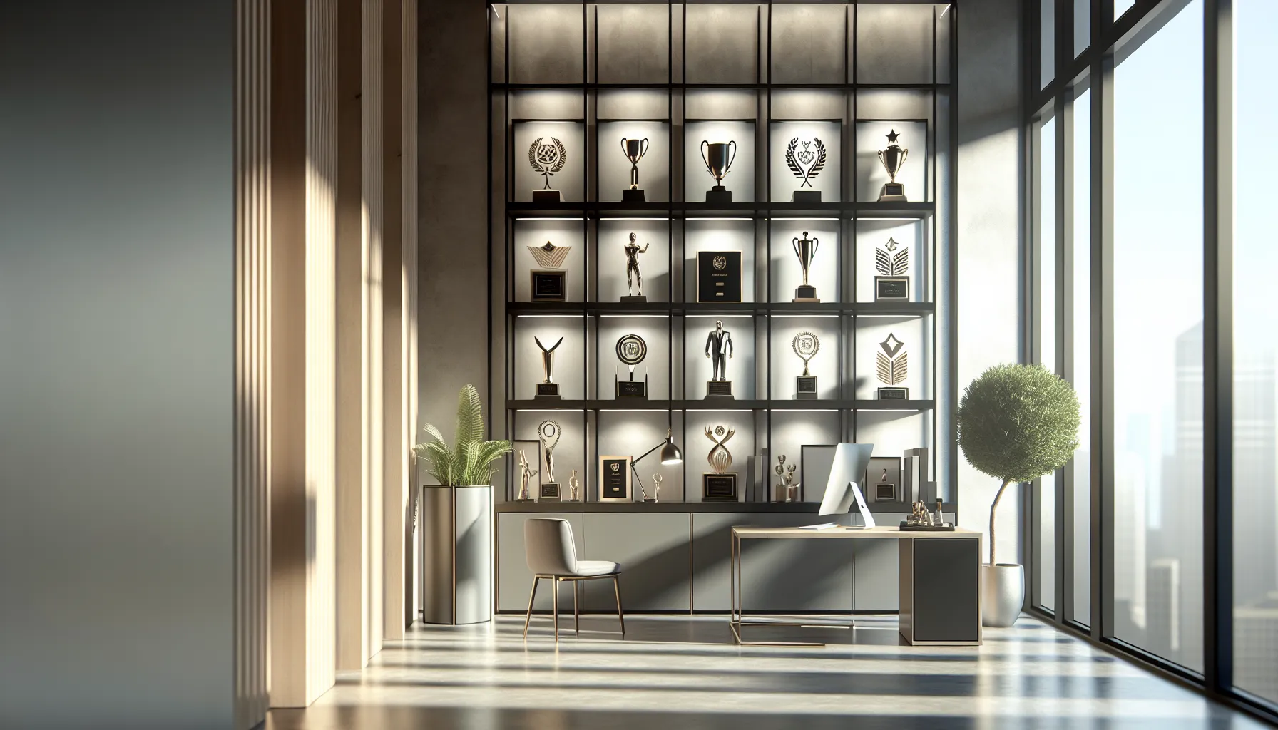 shelf displaying awards and trophies in a modern office.