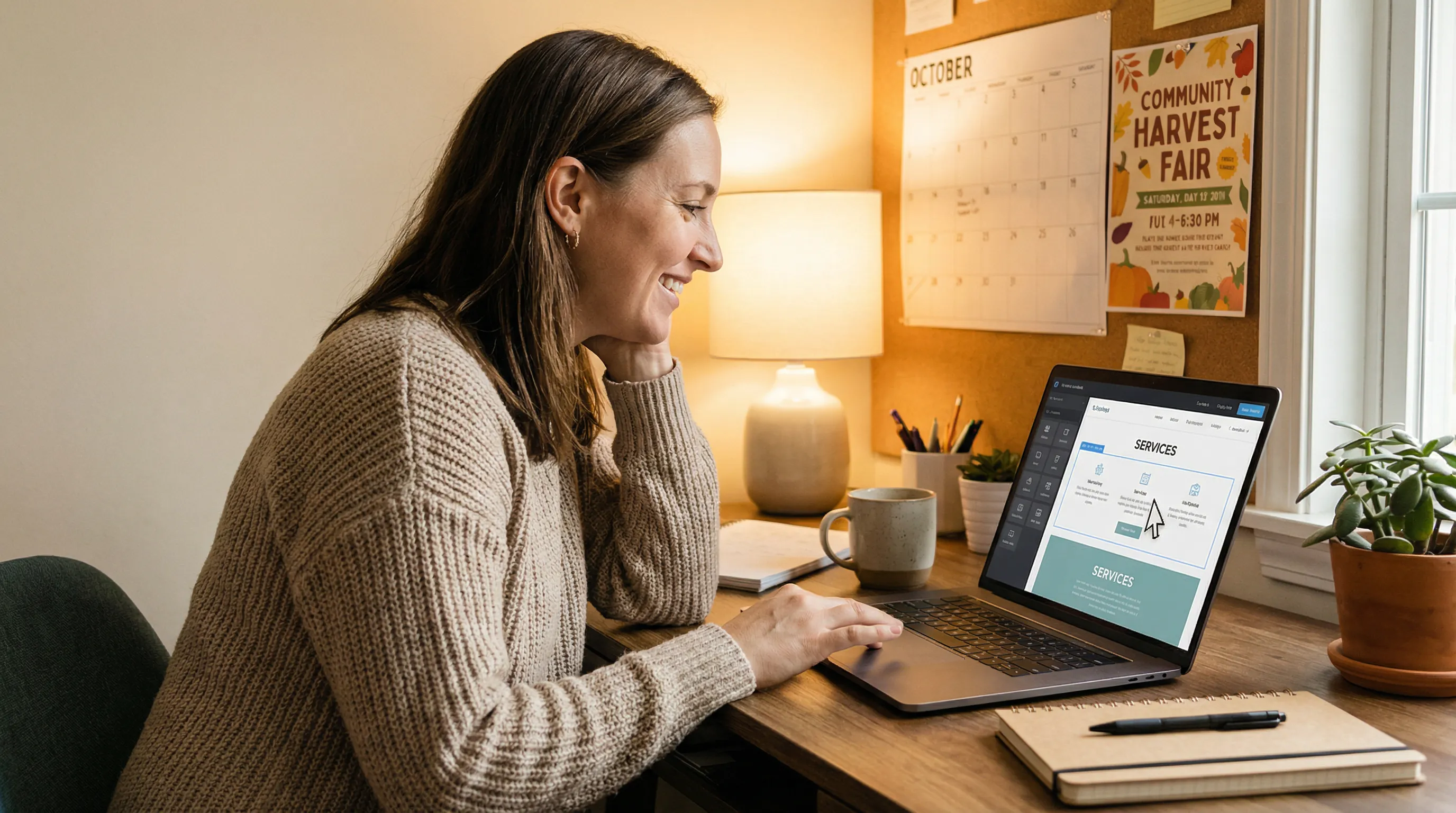 Business owner updating their website content on a laptop using a simple editor in a small office setting.