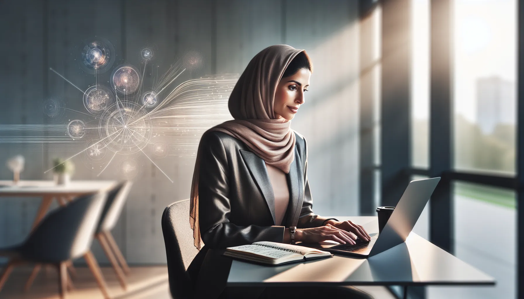 woman working at a modern desk, embodying resilience and creativity.