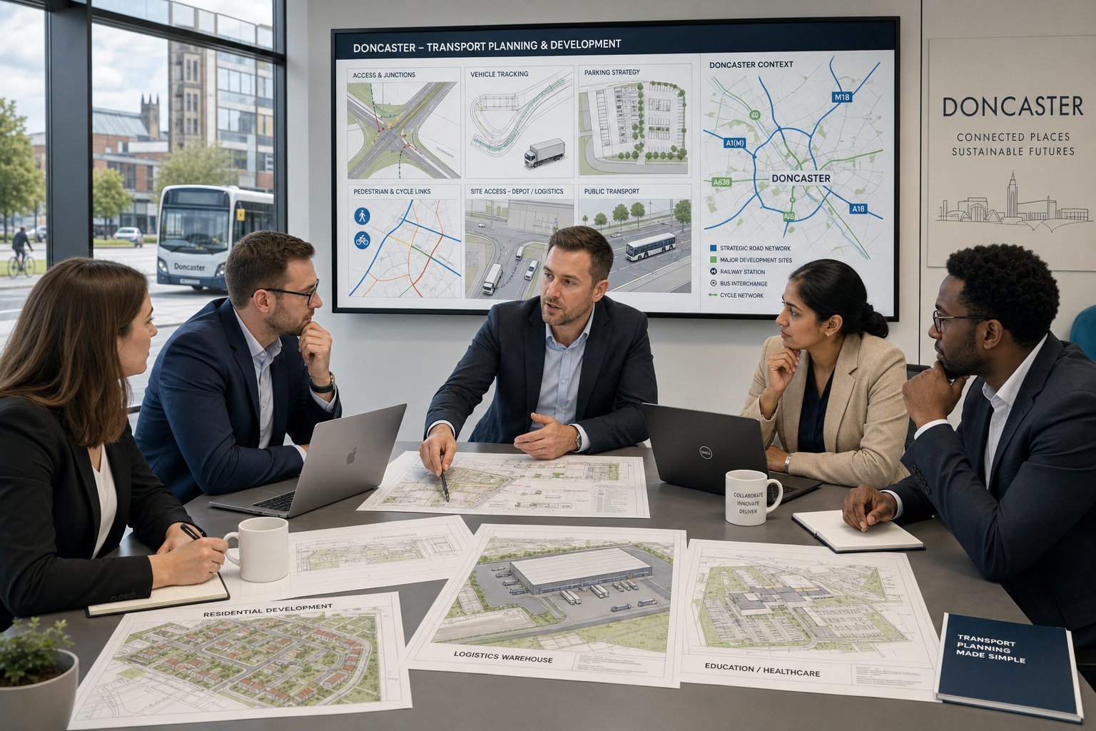 Traffic engineer reviewing development transport plans in a modern Doncaster office.