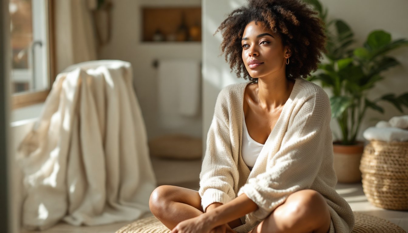 Woman massaging warm sesame oil onto her arm in a sunlit room.