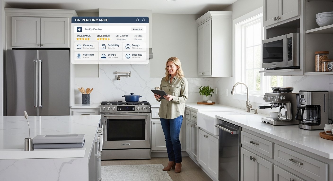 Modern kitchen with appliances and a tablet showing product comparisons.