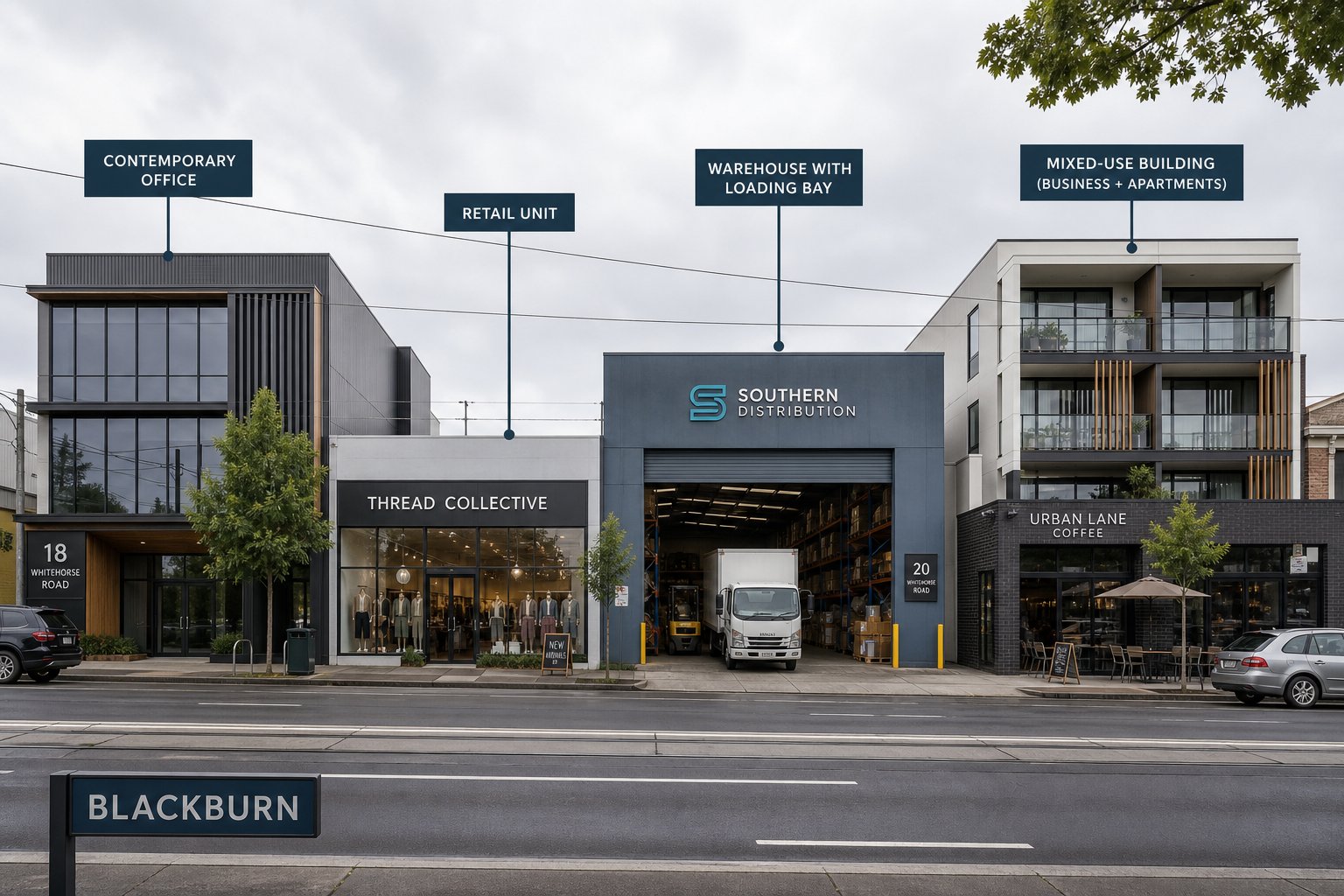 Blackburn commercial streetscape featuring office, retail unit, warehouse, and mixed-use building in one realistic scene.
