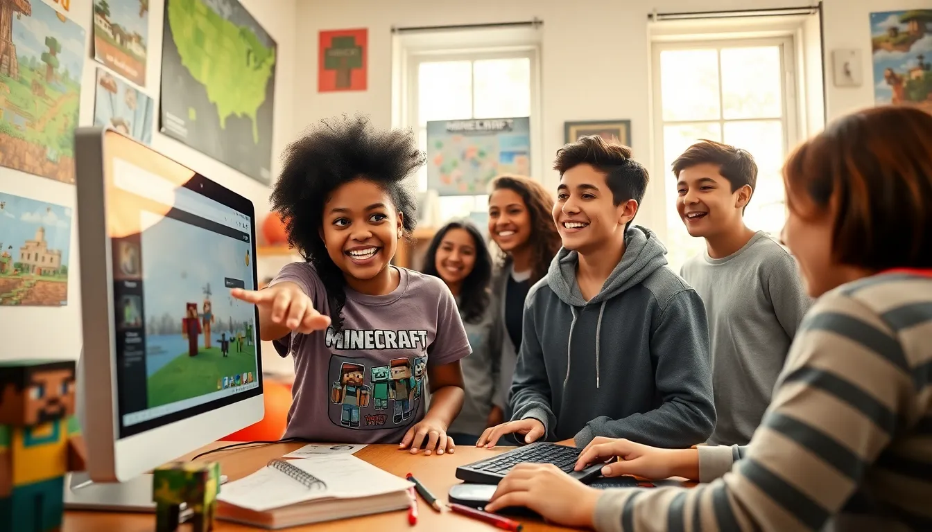 teens gathered around a computer, exploring Redwebzine for Minecraft tutorials.