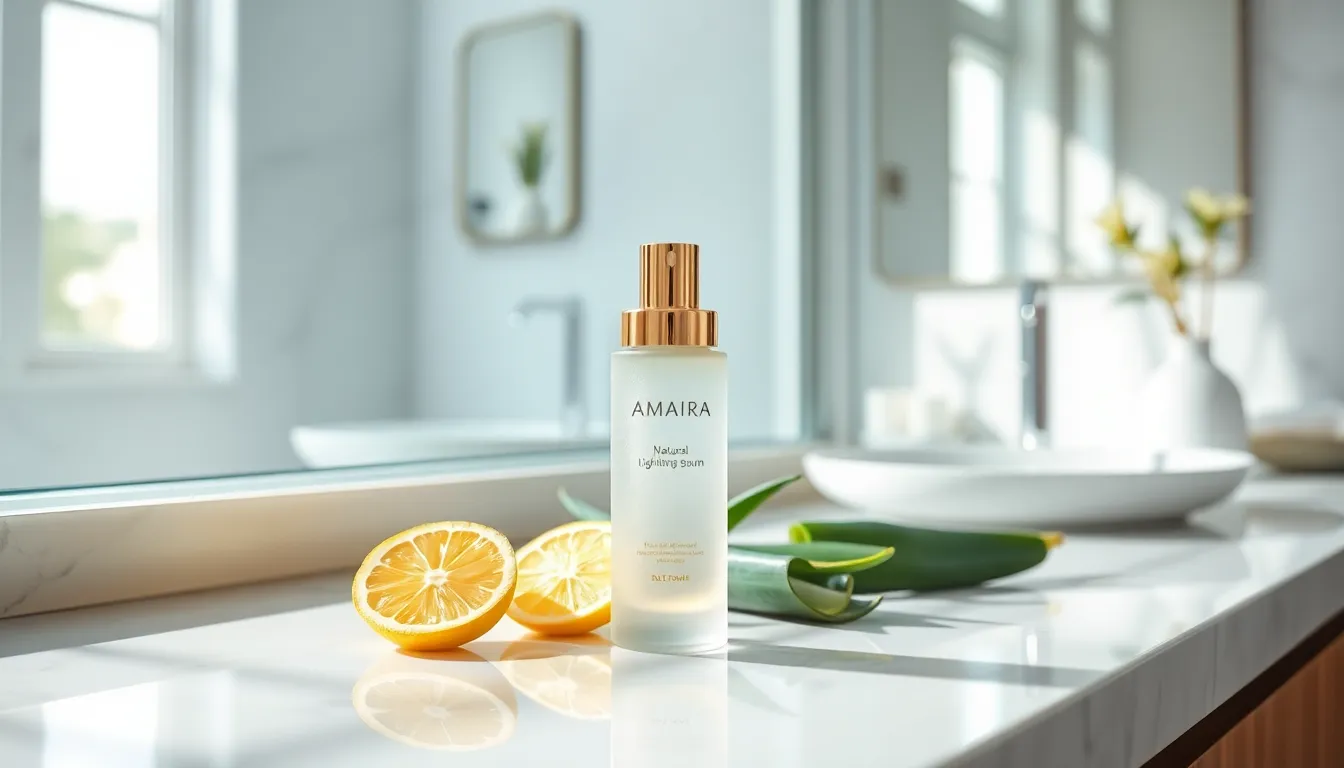 Amaira Natural Lightening Serum on a modern bathroom countertop.