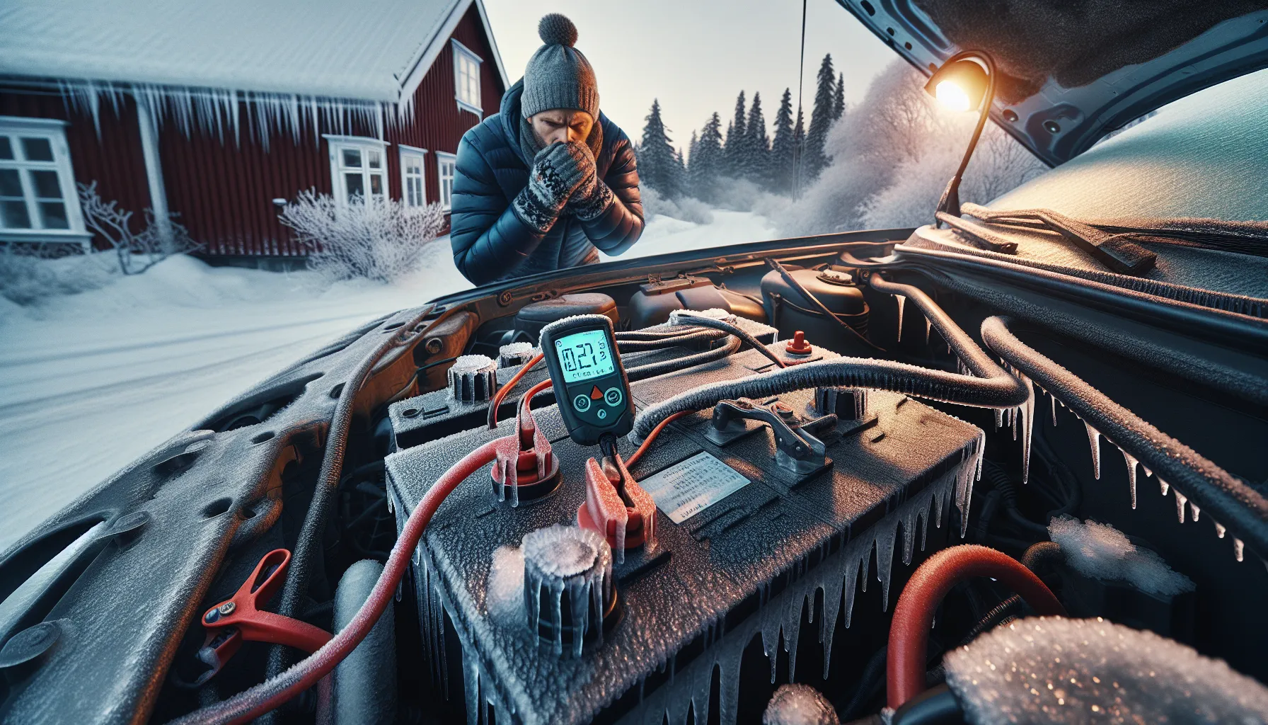 Frosted car battery under an open hood on a cold norwegian morning.