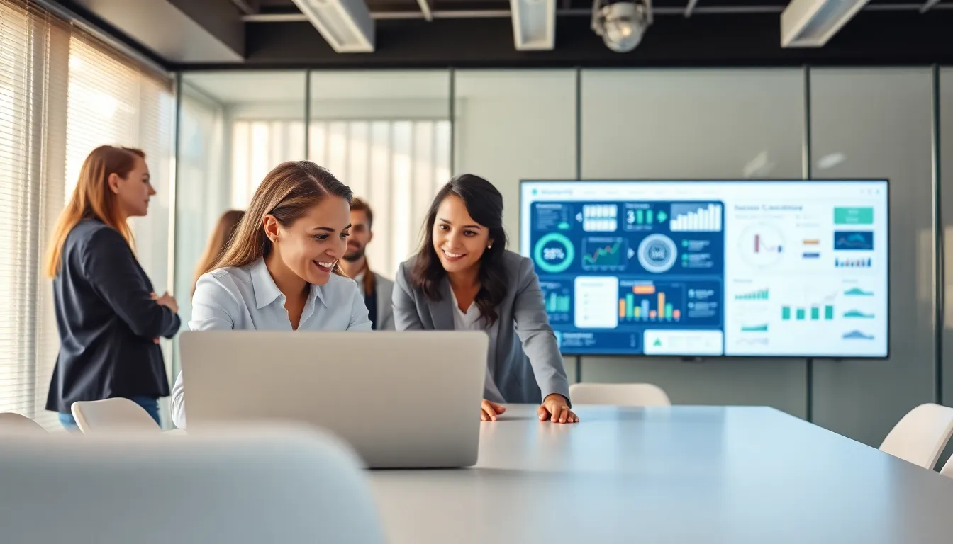 diverse team collaborating over the Kirent6 software in a modern office.