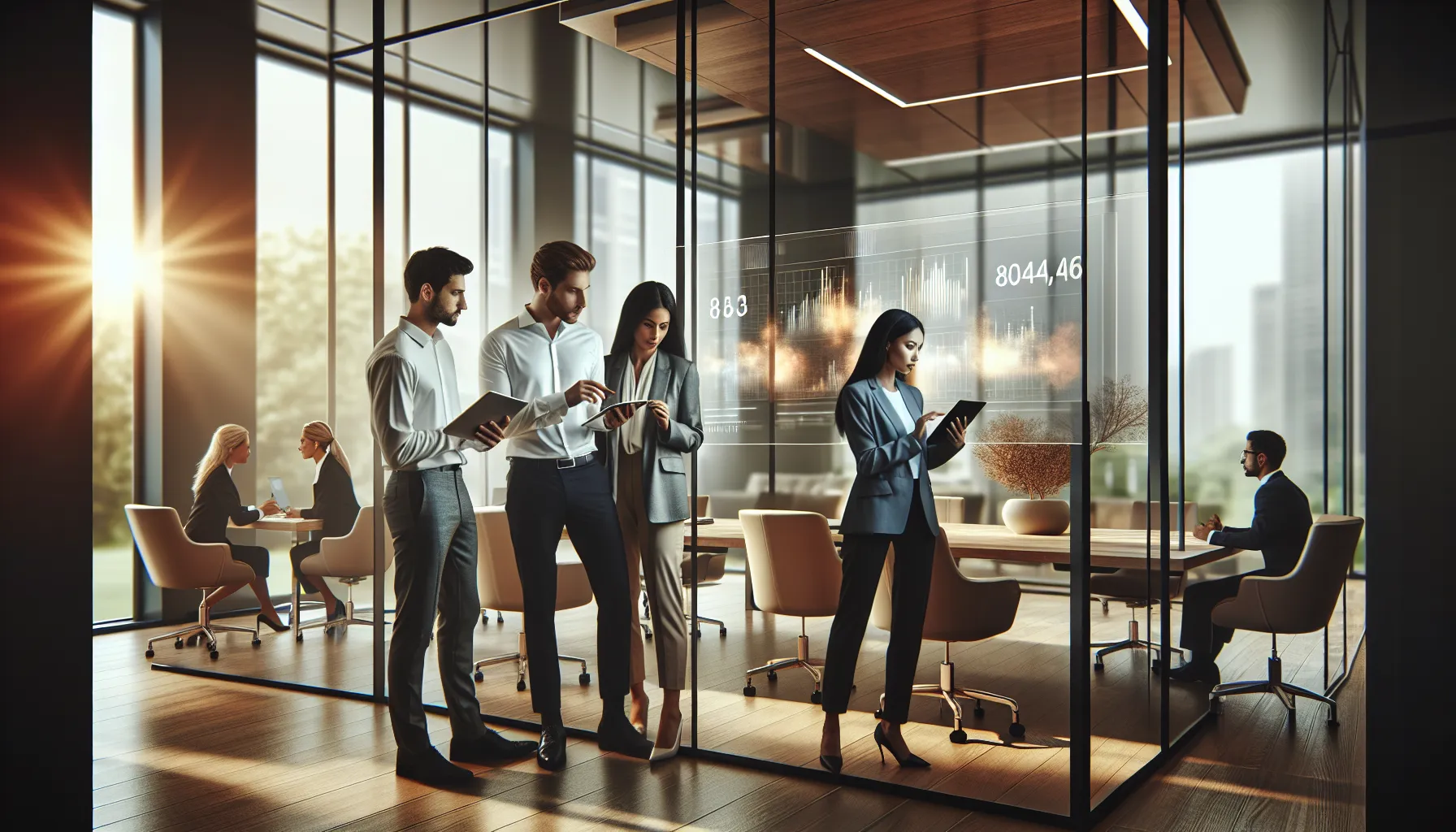 diverse professionals discussing phone number data in a modern office.
