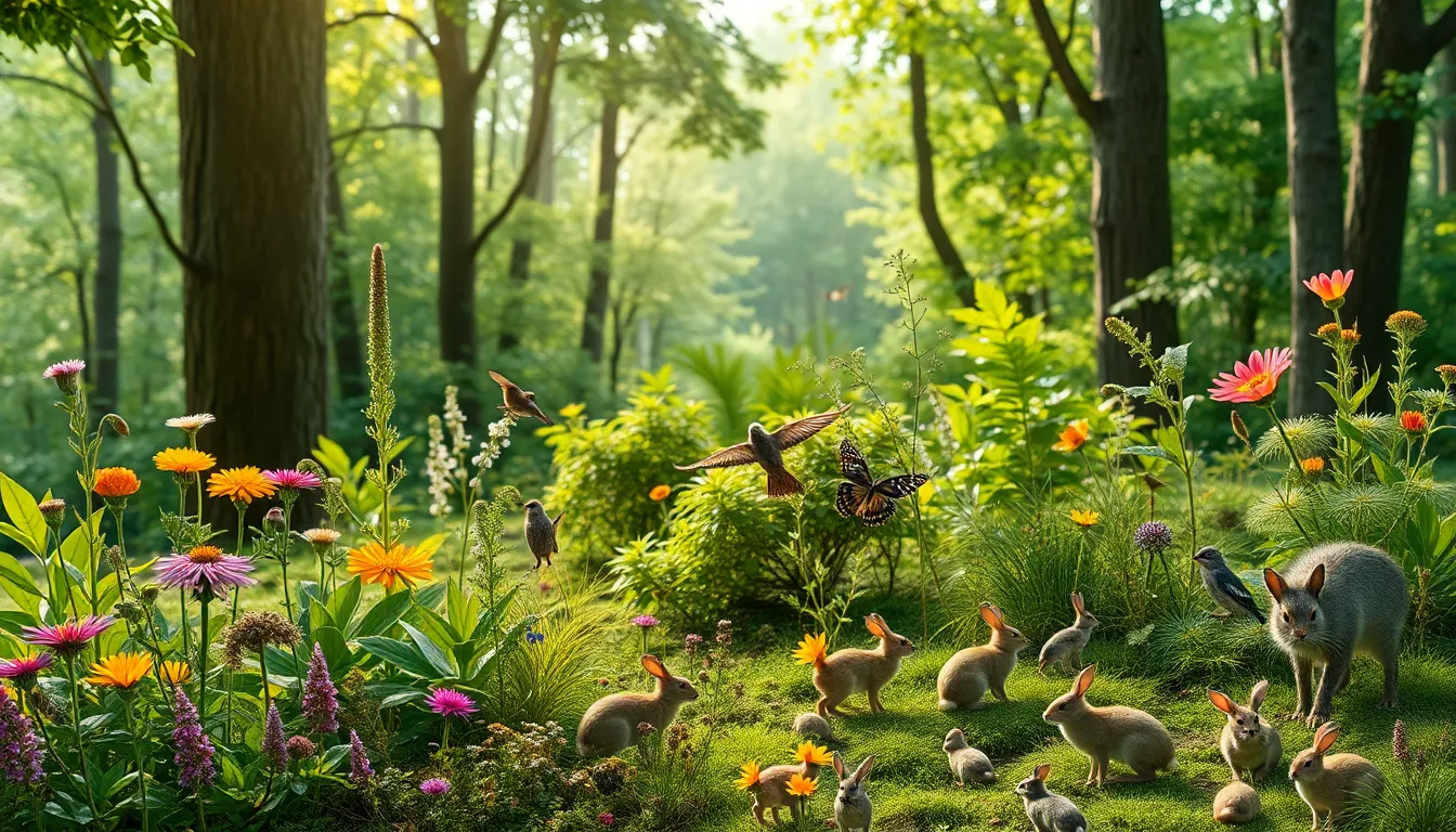 vibrant forest ecosystem showcasing diverse plants and wildlife in harmony.