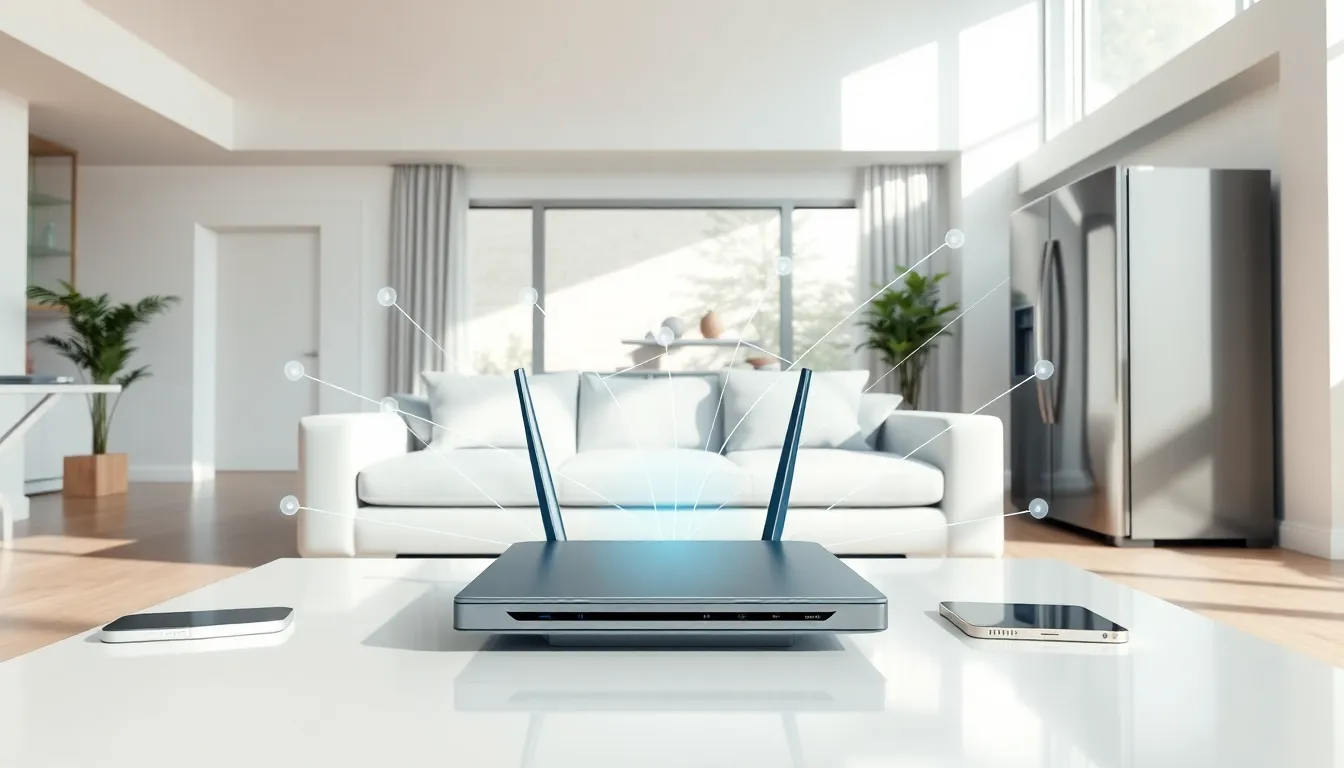 a modern living room showcasing home networking devices and connections.