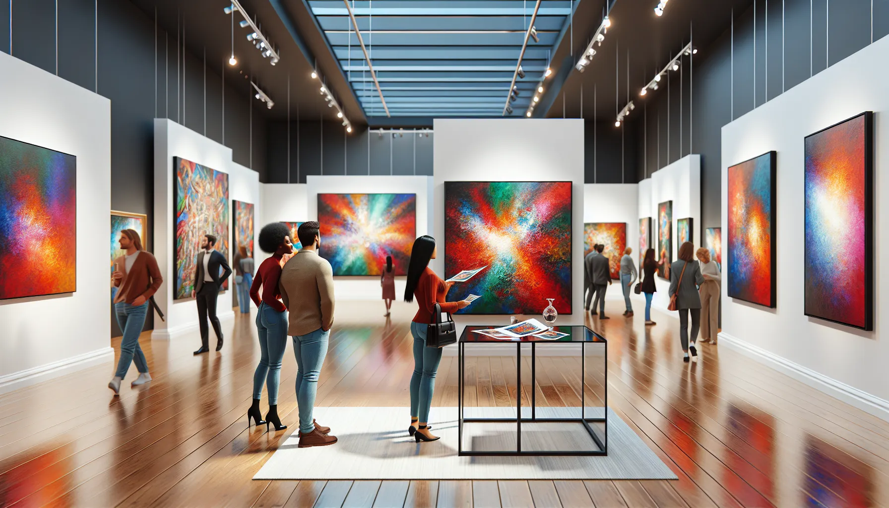 diverse group exploring art in a modern gallery.