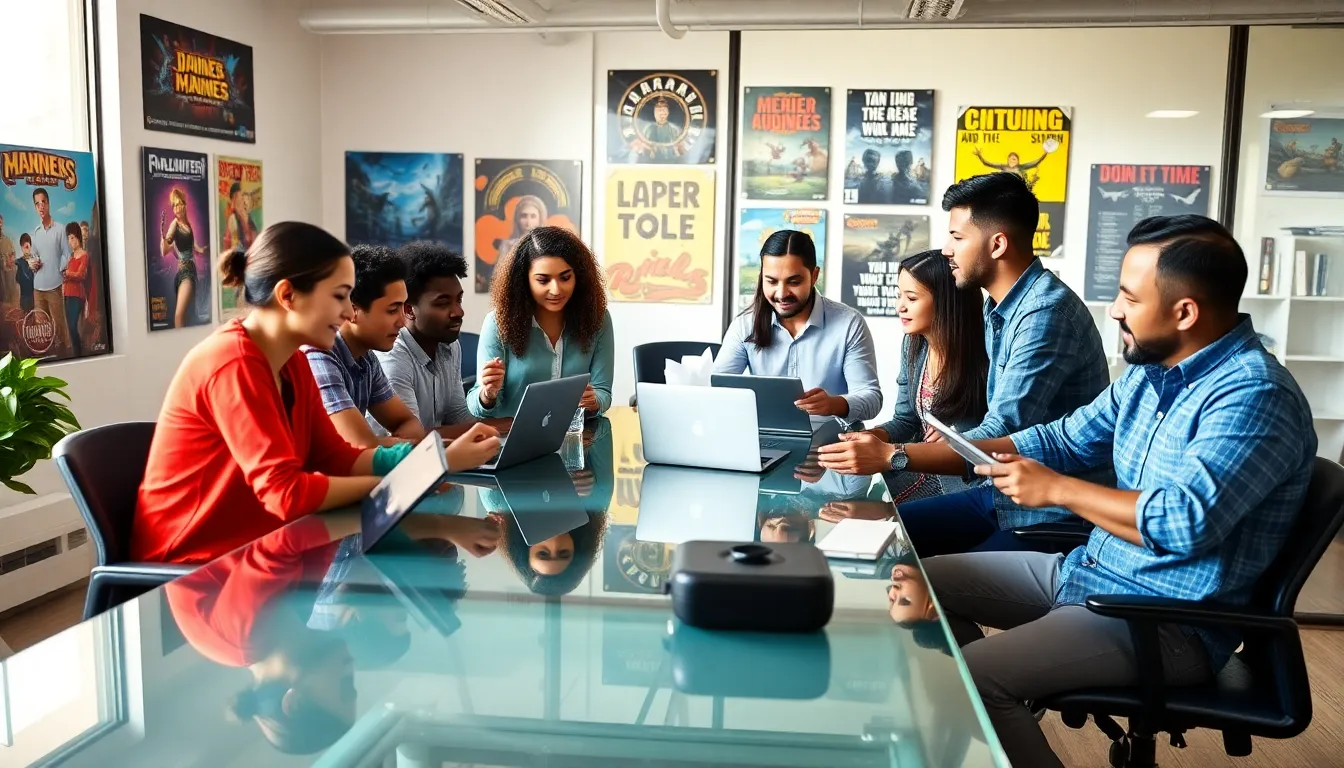 diverse team collaborating in a modern game development office.